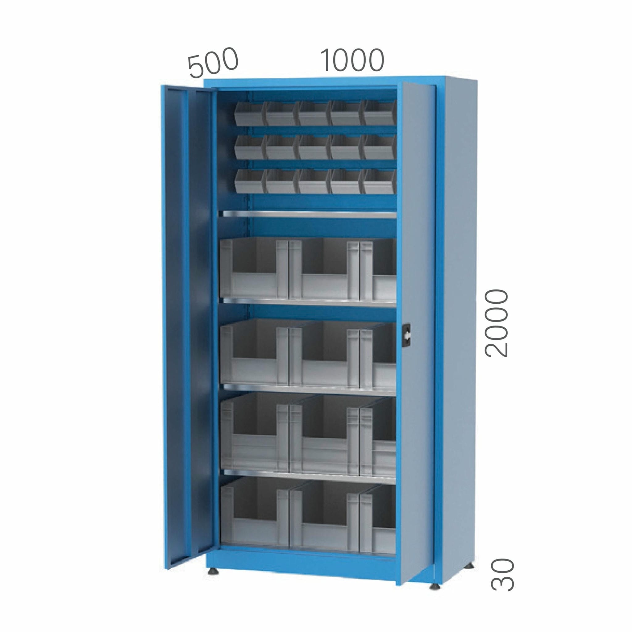 malzeme-dolaplari-6370-scaled 6370 – 4 AD.SABİT RAFLI, 18 AD.PLASTİK AVADANLIK KUTULU, 12 AD.PLASTİK KASALI, KİLİTLİ KAPILI MALZEME DOLABI - Görsel 1
